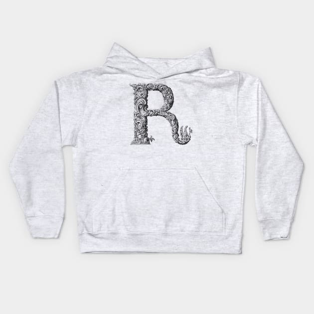 Vintage Initial Letter Lettering Alphabet R Kids Hoodie by AltrusianGrace